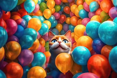 Multi-colored balloons and funny cat, kitty. holiday. birthday. Gift High quality photoの写真素材