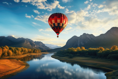 Beautiful view of mountains and lake, aerostat fly hot baloon. high quality photoの写真素材