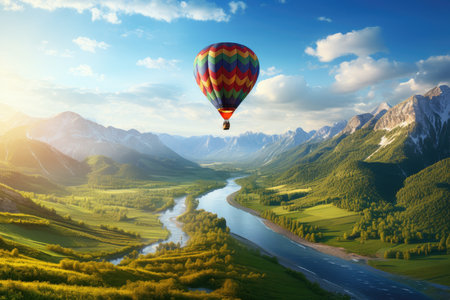 Beautiful view of mountains and lake, aerostat fly hot baloon. high quality photoの写真素材