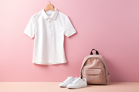 Modern school uniform and backpack hanging on color wall. high quality photoの写真素材