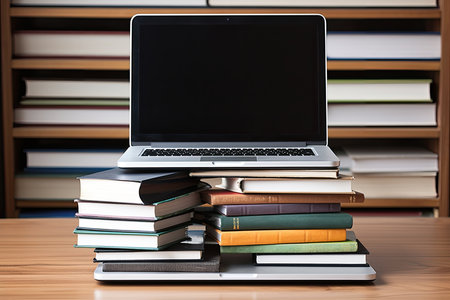 Laptop and books on table. Education. high quality photoの写真素材