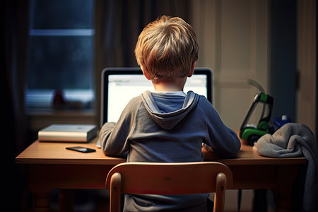 A boy look and work on a laptop, a view from behind. schoolchildren. high quality photoの素材