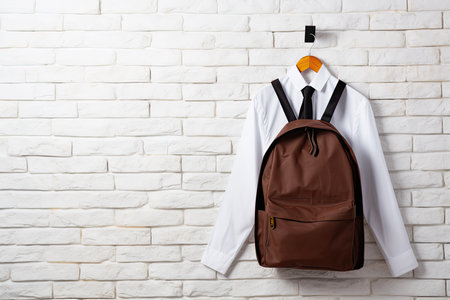 Modern school uniform and backpack hanging on color wall. high quality photo