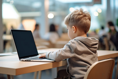 A boy look and work on a laptop, a view from behind. schoolchildren. high quality photo