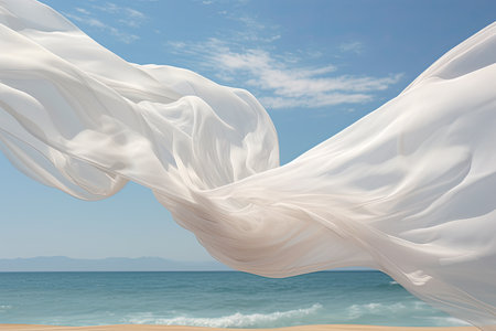 Beautiful silk fabric develops in the wind against the background of the sea and sky. high quality...