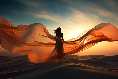 Woman in silk dress evolved on wind. Sunset, beach sand on background. high quality photoの写真素材