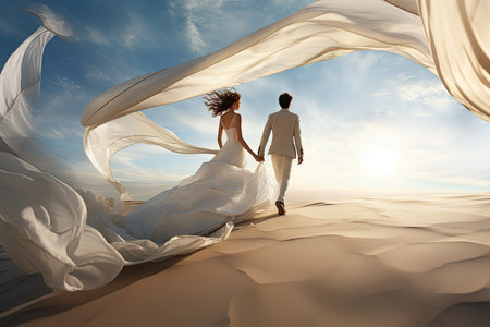 Enamored man and woman with a beautiful silk dress on the background of nature. high quality photoの素材
