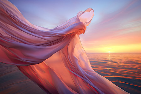 Beautiful silk fabric develops in the wind against the background of the sea and sky. high quality photoの写真素材
