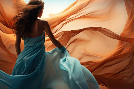 Woman in silk dress evolved on wind. Sunset, beach sand on background. high quality photoの写真素材