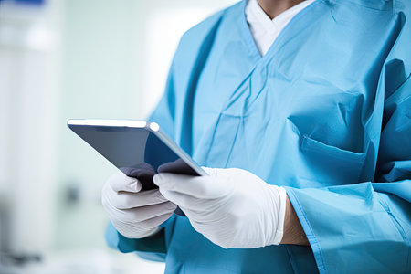 Handsome man doctor in lab coat using tablet computer in clinic. high quality photoの素材