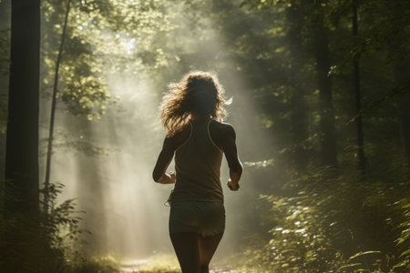 Outdoor lifestyle runners. Woman running in nature from behind in dark forest. high quality photoの素材