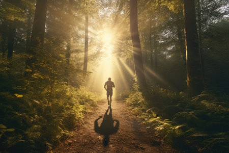 Outdoor lifestyle runners. Man running in nature from behind in dark forest. high quality photoの素材