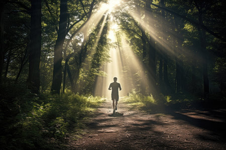 Outdoor lifestyle runners. Man running in nature from behind in dark forest. high quality photoの素材