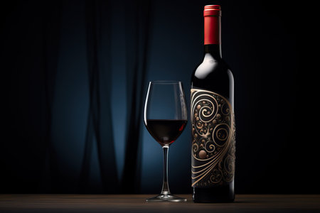 Red wine glasses and bottles on stone background. Top view with copy space. high quality photoの素材