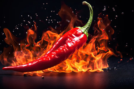 Red chili pepper close-up in a burning flame on a black . high quality photoの素材
