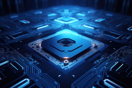 Microchip technology concept in neon light. computer component. high quality photo