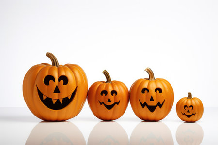 Happy family of pumpkins on a white background isolated. Halloween pumpkin head jack lantern with burning candles. High quality illustration.の写真素材