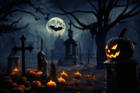 Halloween pumpkin head Jack-lanternin the cemetery, bats fly and candles burning. High quality illustration.の写真素材
