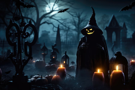 Witch at night in the cemetery halloween background pumpkin head bats fly. High quality illustration.の写真素材