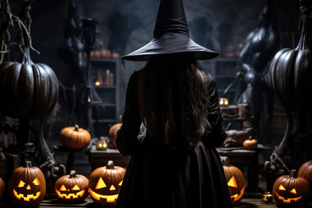 Wicked witch backview in Halloween, pumpkin head Jack-lantern candles burning with fire. High quality photo.の写真素材
