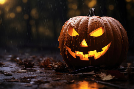 Evil Halloween pumpkin head Jack-o'-lantern candles burning with fire in forest. Illustrationの写真素材