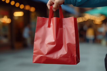 Crop female hand holding colorful paper bags on background of shopping center. High quality photoの写真素材