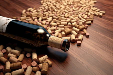 Glass bottle of wine with corks on wooden table background