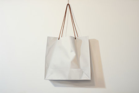 White paper shopping bag hanging on white wall. high quality photoの写真素材