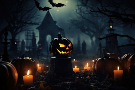 Halloween pumpkin head Jack-lanternin the cemetery, bats fly and candles burning. High quality illustration.の写真素材