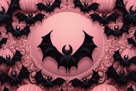 Halloween concept. Top view photo of pumpkins bat silhouettes. Pink colors. High quality photoの写真素材