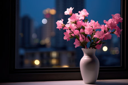 Vase with beautiful flowers on windowsill in room. Evening city window view. High quality photoの写真素材