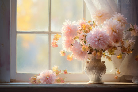 Vase with beautiful flowers on windowsill in room. Sunny window. High quality photoの写真素材