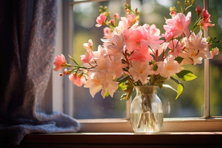 Vase with beautiful flowers on windowsill in room. Sunny window. High quality photoの写真素材