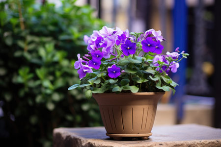 Violet flower in pot stand outdoor. Unfocus street background. High quality photoの写真素材