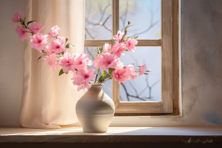 Vase with beautiful flowers on windowsill in room. Sunny window. High quality photoの写真素材