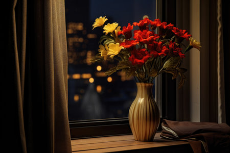 Vase with beautiful flowers on windowsill in room. Evening city window view. High quality photoの写真素材