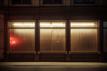 An empty shop window. There are also neon lights. An abandoned store. High quality photoの写真素材