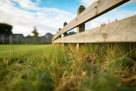 Green lawn, grass, fence are out of focus. Summer garden. High quality photoの写真素材