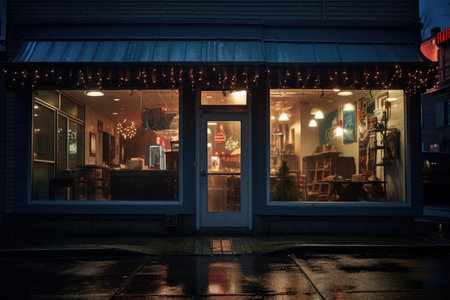 An empty shop window. There are also neon lights. An abandoned store. High quality photoの写真素材