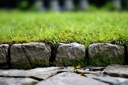 A green lawn, grass, a path made of stones. High quality photoの写真素材