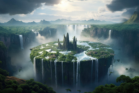 Flying green island. Plants and a waterfall. Beautiful wild nature..High quality photoの写真素材