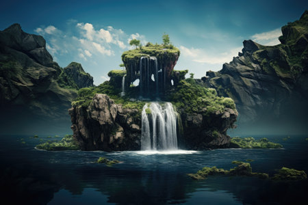 Flying green island. Plants and a waterfall. Beautiful wild nature..High quality photoの写真素材
