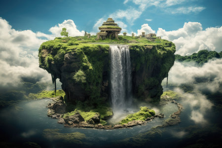 Flying green island. Plants and a waterfall. Beautiful wild nature..High quality photo