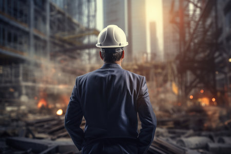 Worker engineer stands against the background of a construction. Building. High quality photoの写真素材