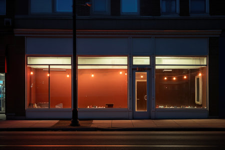An empty shop window. There are also neon lights. An abandoned store. High quality photoの写真素材