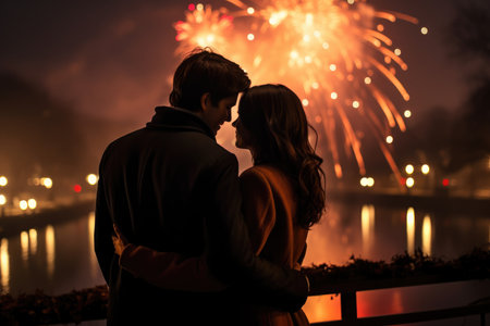 Lovers couple watching fireworks, Merry Christmas, Happy New Year 2024 holiday. High quality photoの写真素材