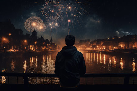 Man watching fireworks, Merry Christmas and Happy New Year 2024 holiday. High quality photoの写真素材