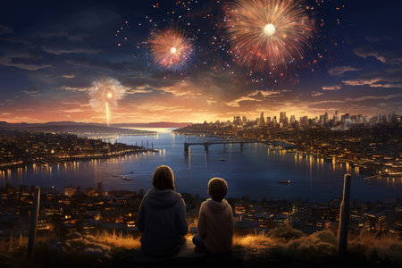Family watching fireworks, Merry Christmas and Happy New Year 2024 holiday. High quality photo