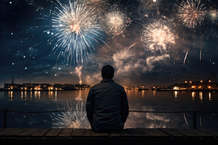 Man watching fireworks, Merry Christmas and Happy New Year 2024 holiday. High quality photoの写真素材