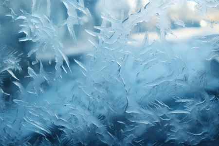 Snowy beautiful patterns on glass. Frozen ice on glass close-up, beautiful ice texture. High quality...